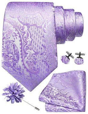 1926 Lavender Tie Set Silk Paisley Purple Necktie Pocket Square Cufflinks